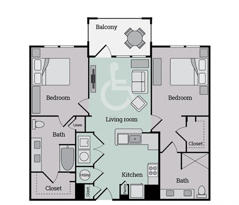Floor plan for 2 beds, 2 baths, 1092 sqft